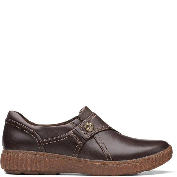 Clarks Caroline Pearl D Fit Ladies Dark Brown Leather Slip On Stitch Detail Shoes