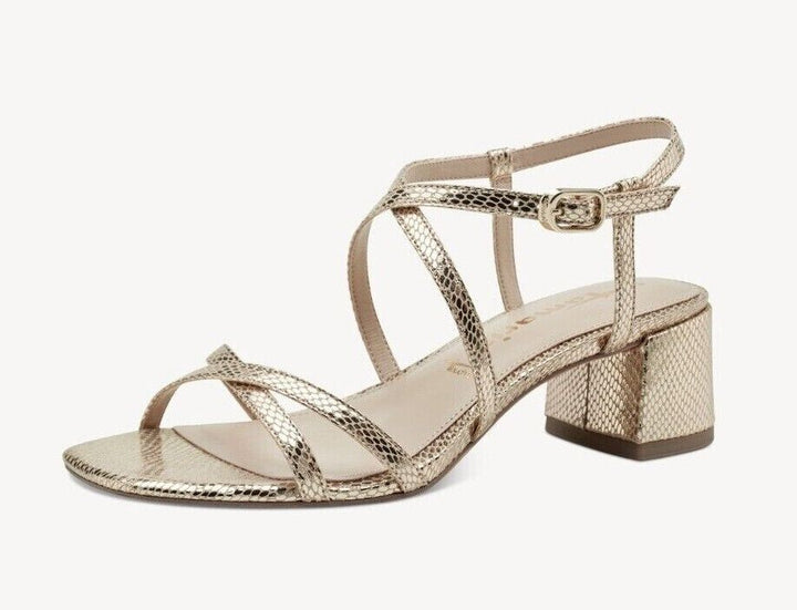 Tamaris 28204 Ladies Vegan Gold Snake Print Block Heel Crossover Strap Sandals