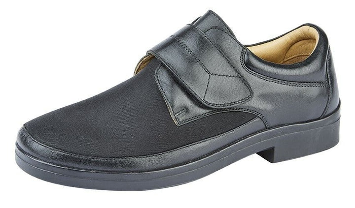 Roamers M195 XXX EXTRA WIDE Black Leather & Stretch Lycra Elasticated Casual Shoes With Single Velcro Strap & Removable Insoles