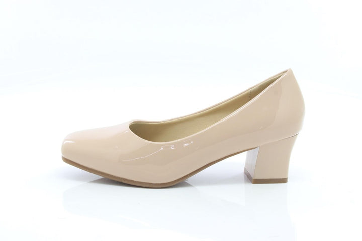 Comfort Plus Karly Ladies Wide Fit Nude Patent Slip On Block Heel Court Shoes