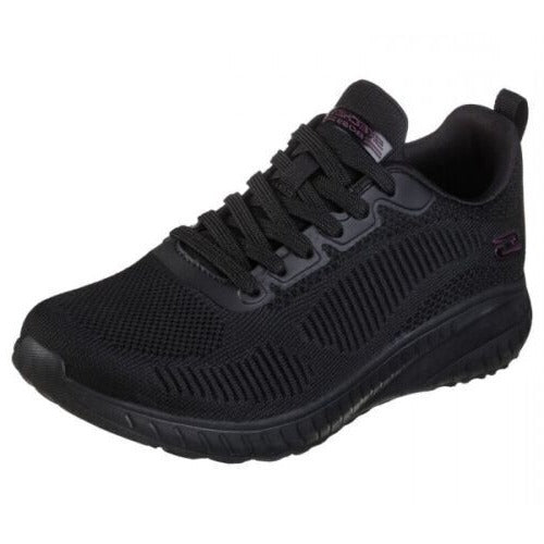 Skechers BOBS Chaos Face Off Ladies Vegan Black Light Weight Lace Up Trainers With Memory Foam