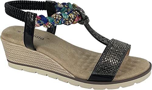 Cipriata L284 Women's/ Ladies Black Elasticated Diamante Wedge Party Sandals With Memory Foam