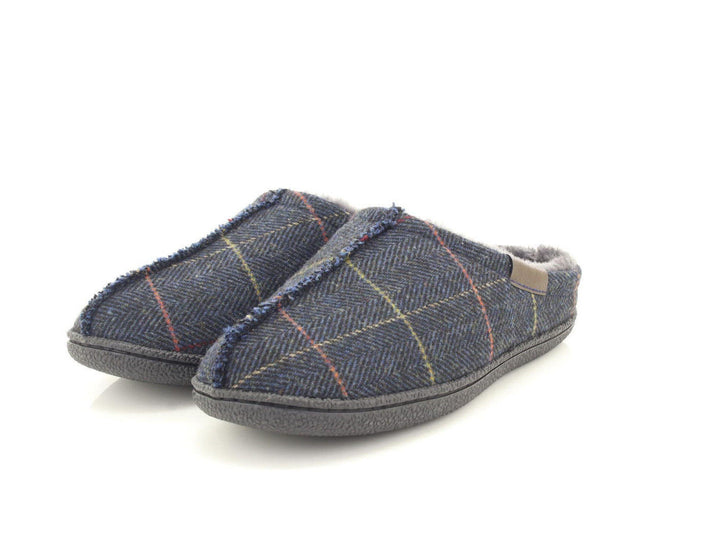 Dr Keller Barney Mens Warm Faux Fur Lined Mule Slippers Cushioned Navy Check