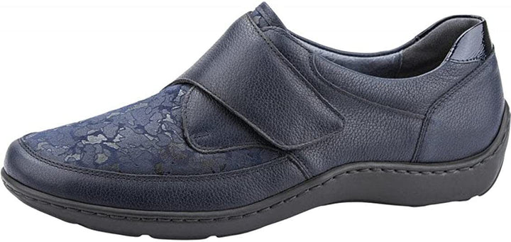 Waldlaufer Henni 496H31 Navy Leather/Textile WIDE FIT Floral Touch Fasten Shoes