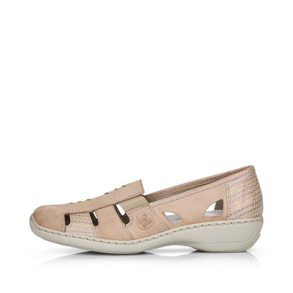 Rieker 41385 Ladies Beige Leather Nubuck Elasticated Gusset Slip On Shoes