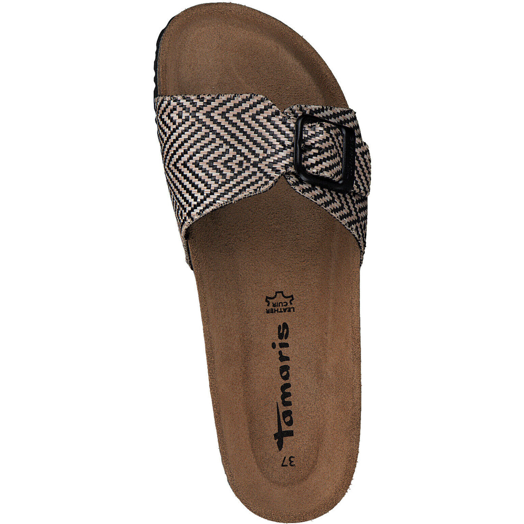 Tamaris 27520 Womens Black/ Beige Aztec Design Slider Mules Buckle Wedge Flip Flop Sandals