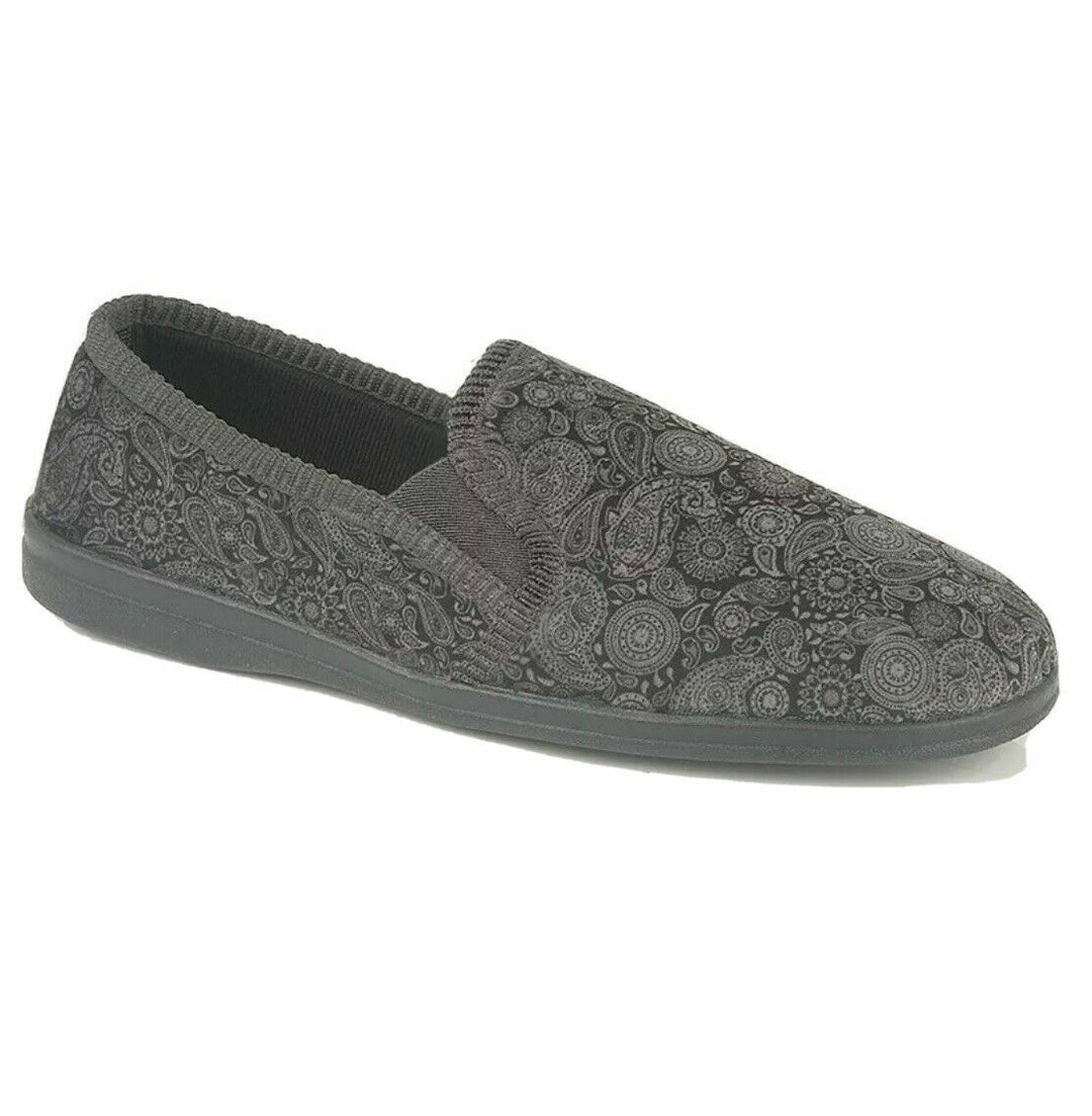 Sleepers Monty Mens Grey/Black Velour Paisley Patterned Comfort Full Slipper With Twin Gusset