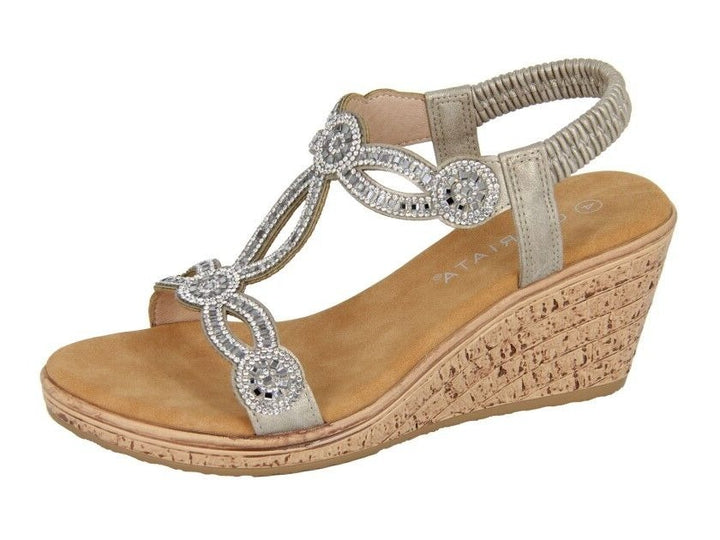 Cipriata L524FS Women Pewter Elasticated Back Diamante Wedge Memory Foam  Sandals