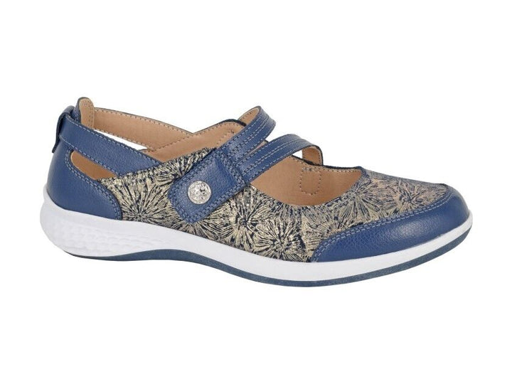 Boulevard L443 Ladies EEE Wide Fit Navy Leather Floral Detail Mary Jane Walking Shoes