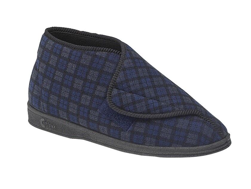 Comfylux James Mens WIDE FIT Blue Check Washable Open Out Slippers With Strap