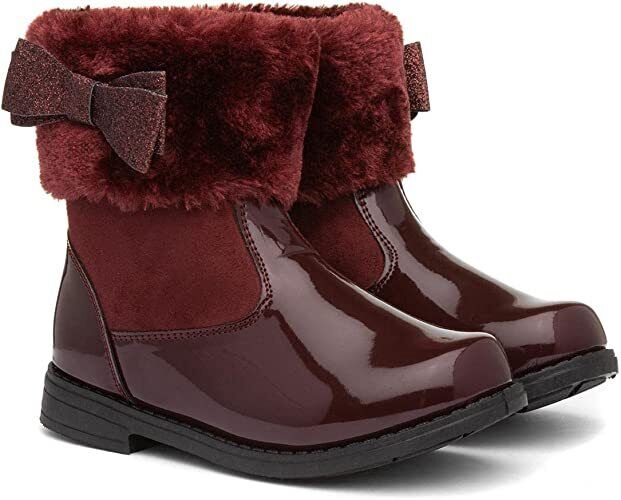 Chatterbox Jane Girls Burgundy Patent Winter Boots Faux Fur Sparkly Bow Trim