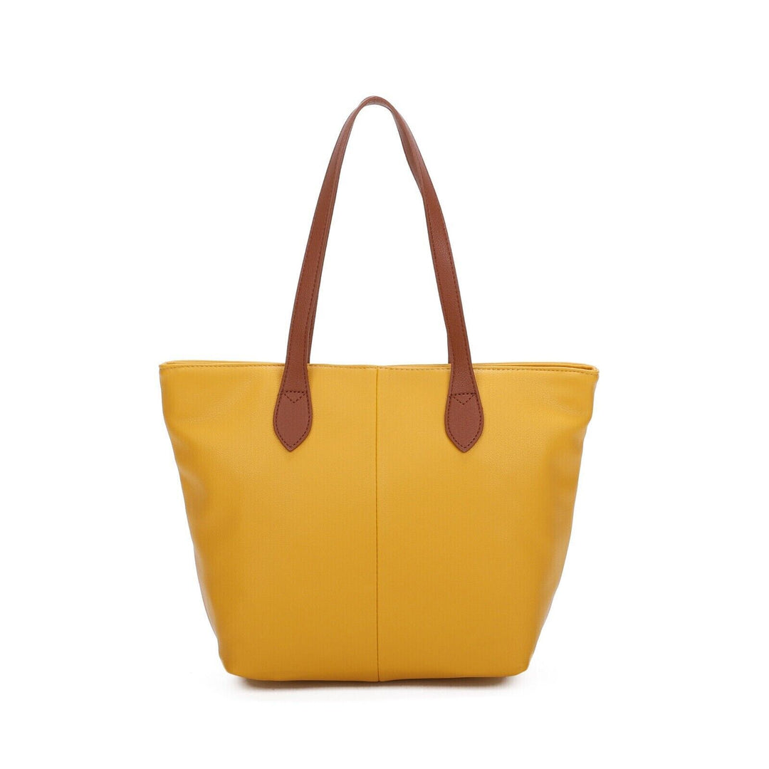 Faux Leather Medium Tote Shoulder/Shopping Bag With Tan Strap And Zip Fastening Yellow