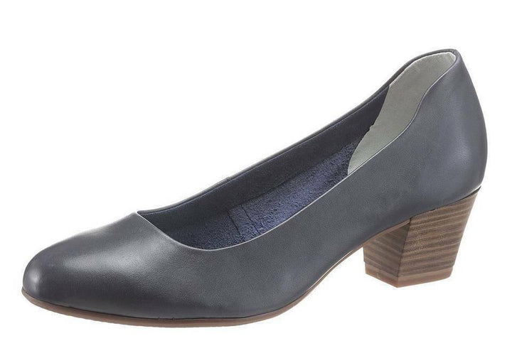 Tamaris 22302 Navy Leather Block Heel Airline Cabin Crew Office Slip On Court Shoes