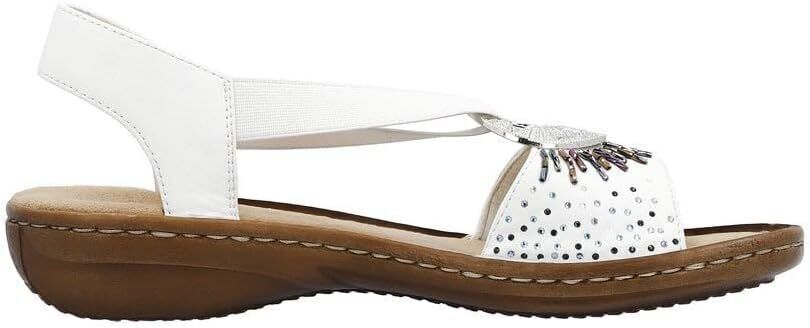 Rieker 60880 Ladies White Slip On Slingback Low Wedge Sandals Beads Disc Design