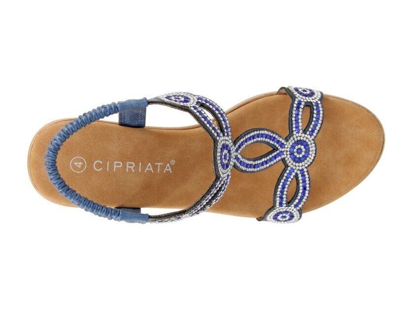 Cipriata L524C Womens Blue Elasticated Back Diamante Wedge Memory Foam  Sandals