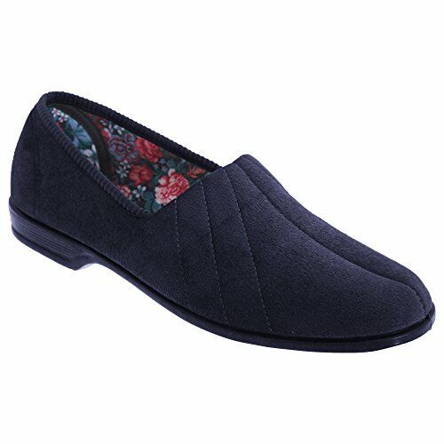 Sleepers Audrey Womens Navy Soft Warm Comfy Slip On Velour Roll Top Wide E Fitting Slippers With Removable Insoles