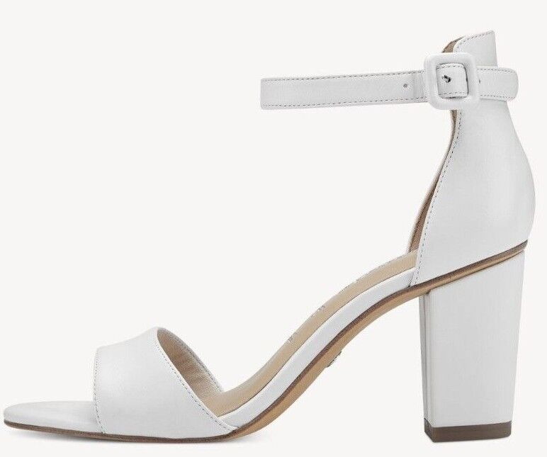 Tamaris 28326 Ladies White Leather Buckle Fasten Ankle Strap Block Heel Sandals