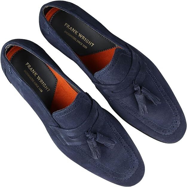 Frank Wright Palmer Mens Navy Suede Leather Tassel Slip On Brogue Detail Loafers