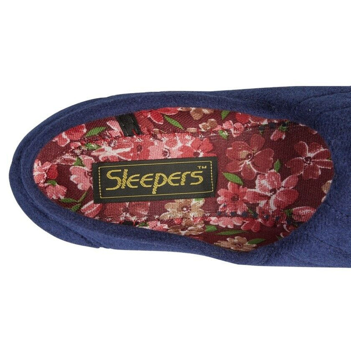 Sleepers Audrey Womens Navy Soft Warm Comfy Slip On Velour Roll Top Wide E Fitting Slippers With Removable Insoles