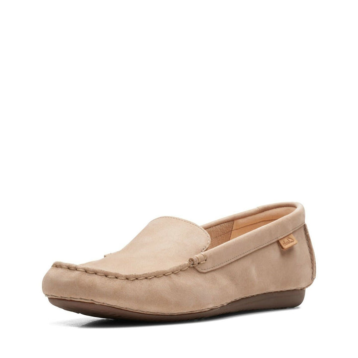 Clarks Freckle Walk D Fit Ladies Sand Colour Nubuck Leather Slip On Moccasin Shoes