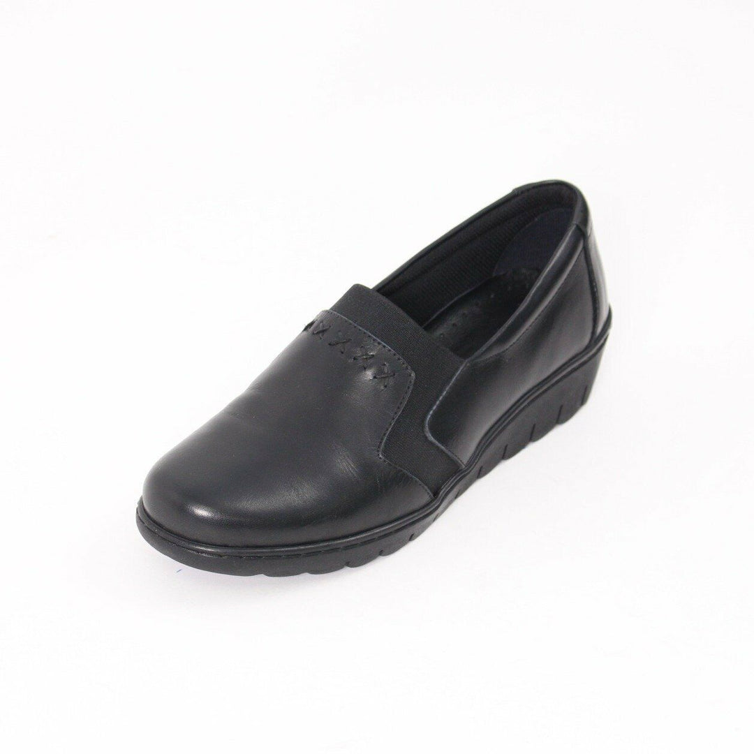 Footsoft Fabia Black Leather WIDE FIT(E/EE) Low Wedge Shoes With Elasticated Instep