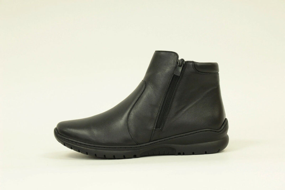 Footsoft Bella WIDE FIT (E/EE) Black Leather Zip Ankle Boots With Removable Insole