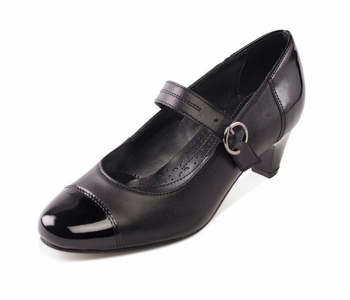 Padders Jean Ladies EXTRA WIDE EE FIT Black Leather  Mary Jane Heel Court Shoes