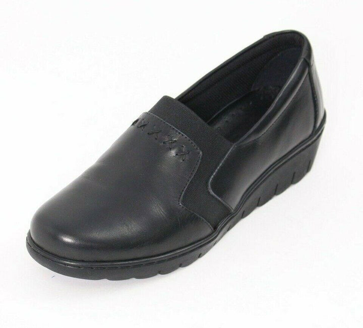 Footsoft Fabia Black Leather WIDE FIT(E/EE) Low Wedge Shoes With Elasticated Instep