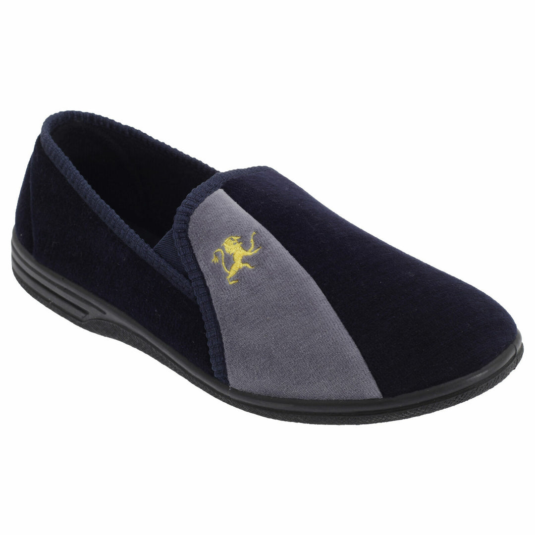 Zedzzz Aaron MS480 Mens Navy Blue Velour Lion Motif Twin Gusset Full Slippers