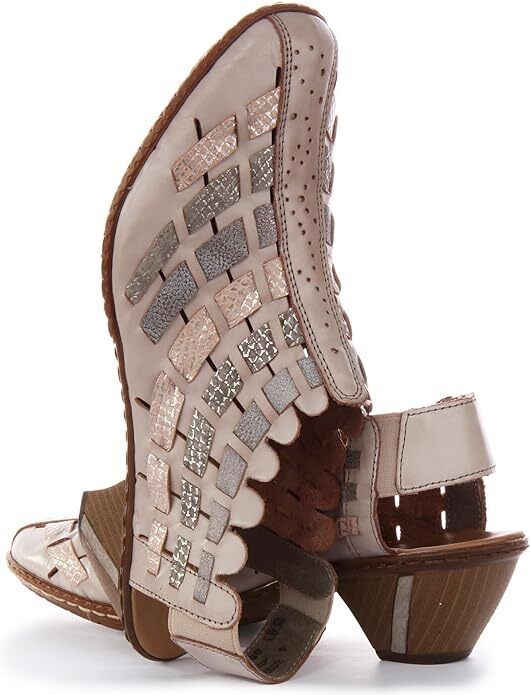 Rieker 46778 Ladies Beige Combi Interwoven Leather Slingback Block Heel Sandals