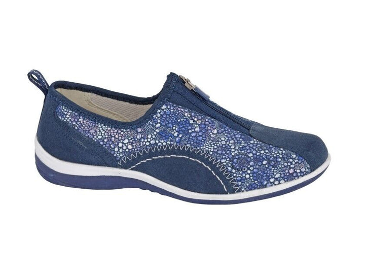 Boulevard L361 Ladies Navy Suede Leather Perforated Floral Detail Zip Fasten Walking Training Shoes