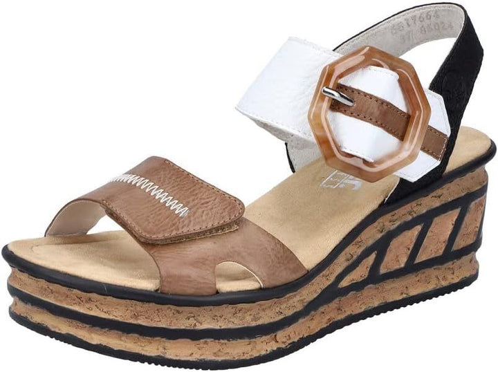 Rieker 68716 Ladies Beige/White/Black Touch Fasten Mid Wedge Slingback Sandals