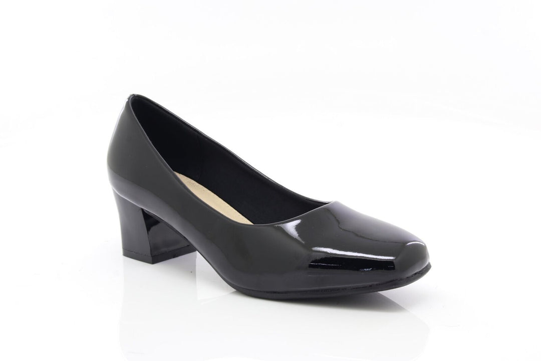 Comfort Plus Karly Ladies Wide Fit Black Patent Slip On Block Heel Court Shoes