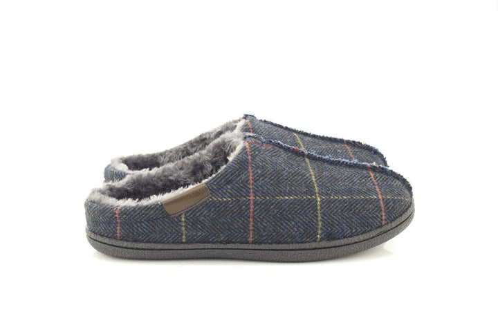 Dr Keller Barney Mens Warm Faux Fur Lined Mule Slippers Cushioned Navy Check