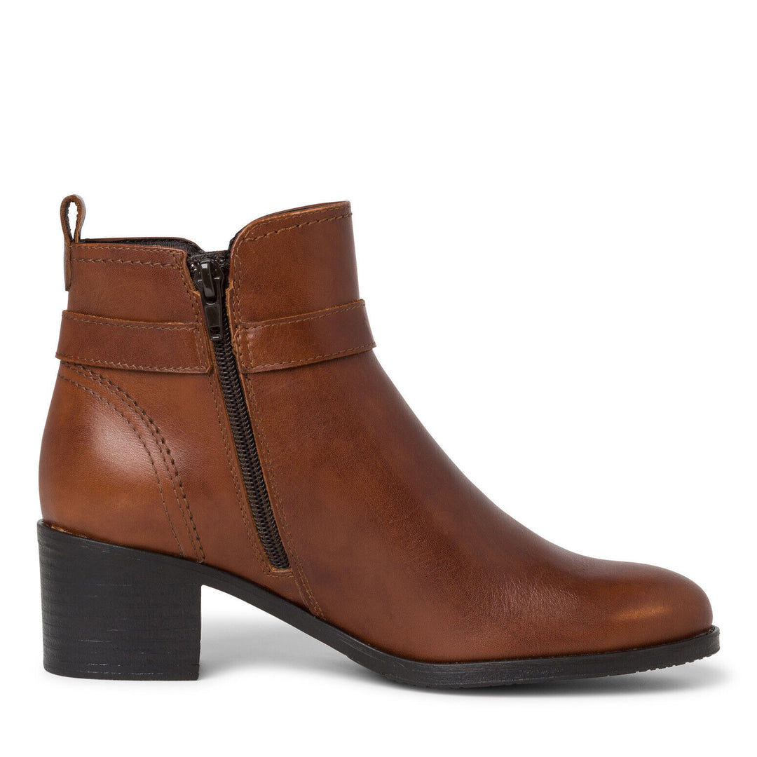 Tamaris 25034 Ladies Cognac Brown Leather Ankle Boots With Block Heel & Inside Zip With Buckle Trim