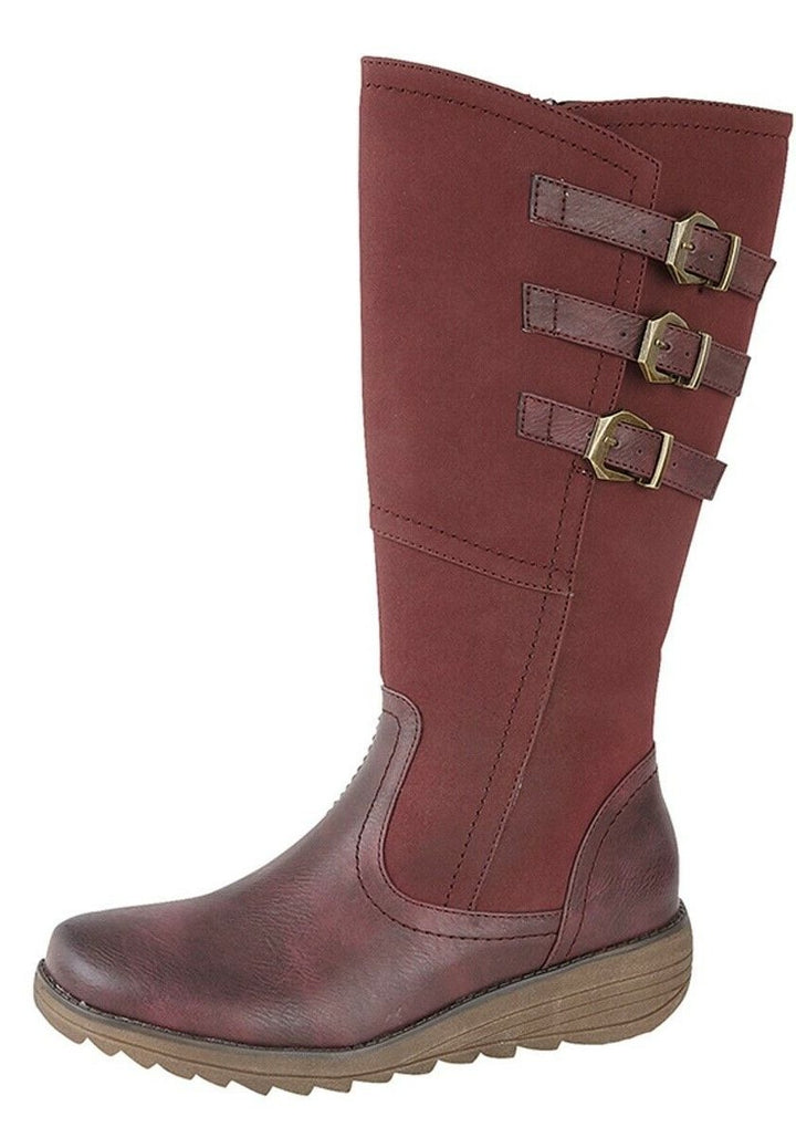 Cipriata L021 ITALANIA Ladies Red Wide Calf Triple Buckle High Leg Wedge Boots