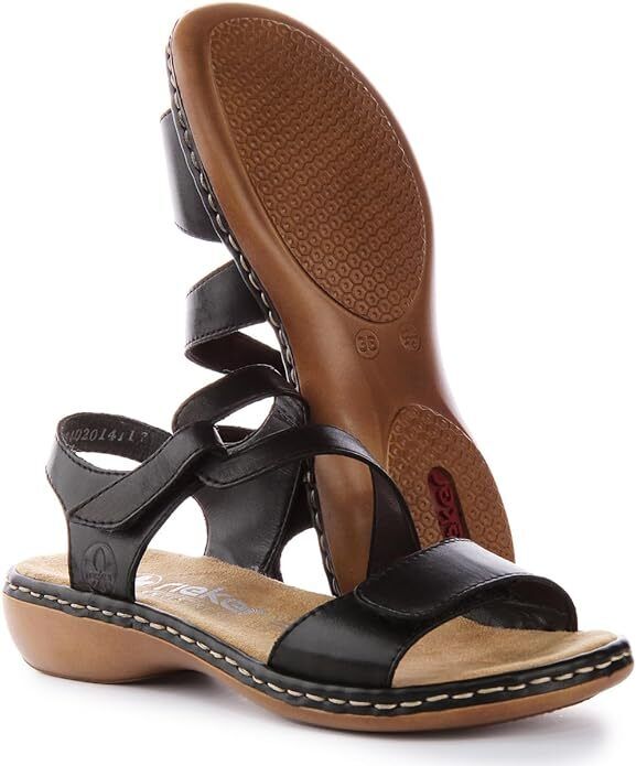 Rieker 659C7 Ladies Black Leather Low Wedge Double Touch Fasten Sandals