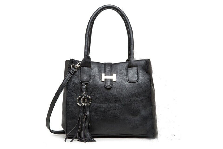 Long & Son Ladies Black Faux Leather Detachable Strap Top Handle Tote Handbag With Tassels