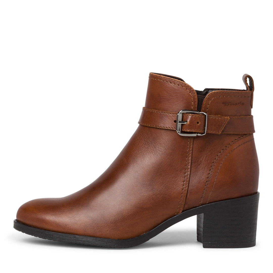 Tamaris 25034 Ladies Cognac Brown Leather Ankle Boots With Block Heel & Inside Zip With Buckle Trim