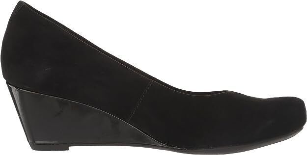 Clarks Flores Tulip Ladies Black Suede Slip On Cushioned Patent Wedge Court Shoe