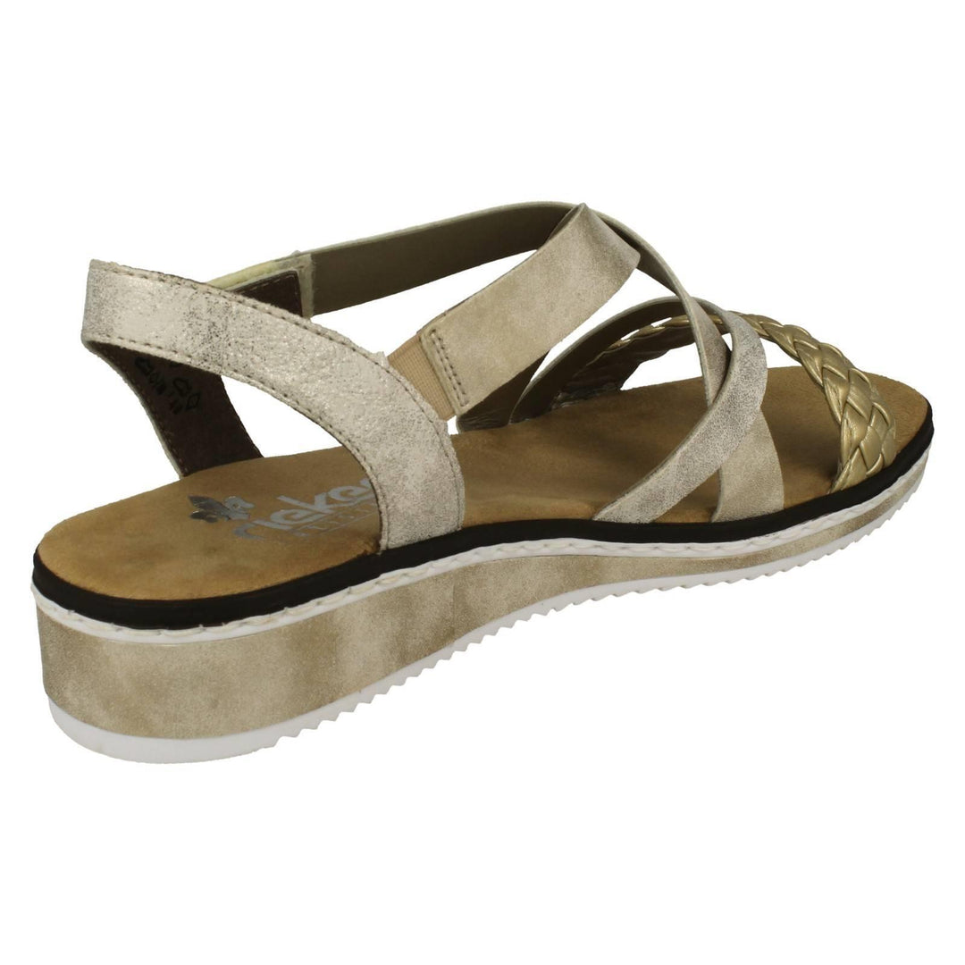 Rieker V3663 Ladies Wide Fit Gold Faux Leather Crossover Straps Single Touch Fasten Wedge Sandals