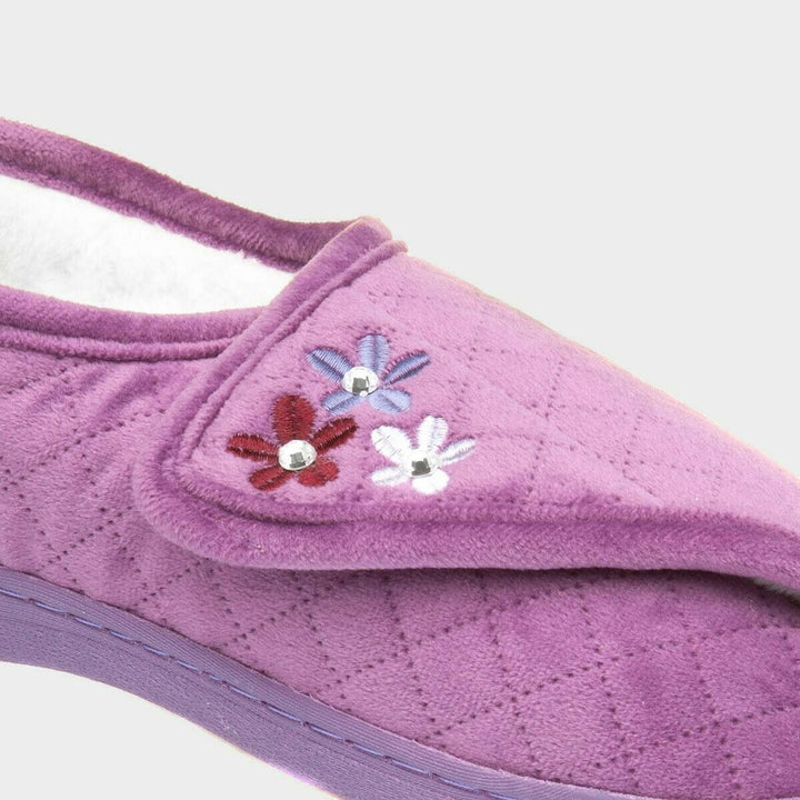 Dr Keller Lilyanna Womens Purple Quilted Velour Fleece Lined Slippers With Strap