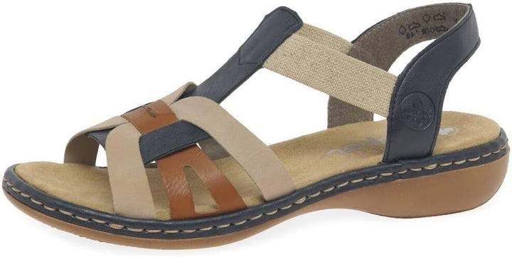 Rieker 65918 Ladies Navy/Tan/Beige Low Wedge Elasticated Slingback Sandals