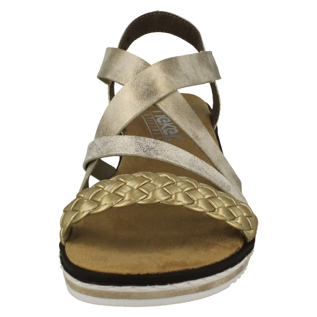 Rieker V3663 Ladies Wide Fit Gold Faux Leather Crossover Straps Single Touch Fasten Wedge Sandals