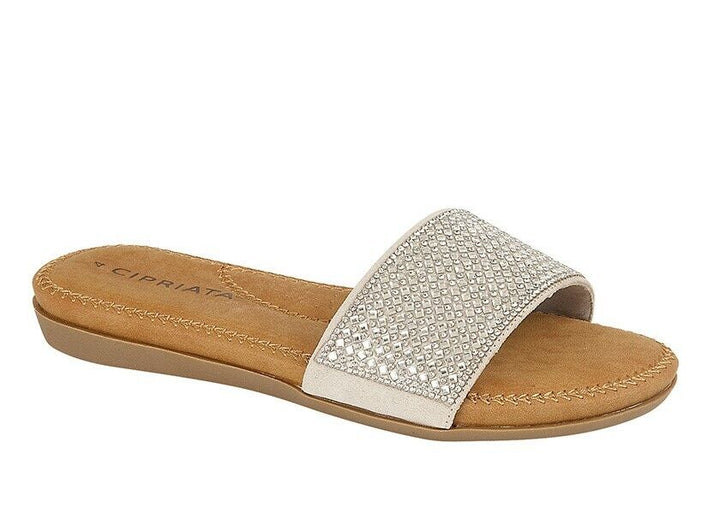 Cipriata Laura Silver Diamante Cushioned Mule Sliders Flip Flops Sandals (L017)