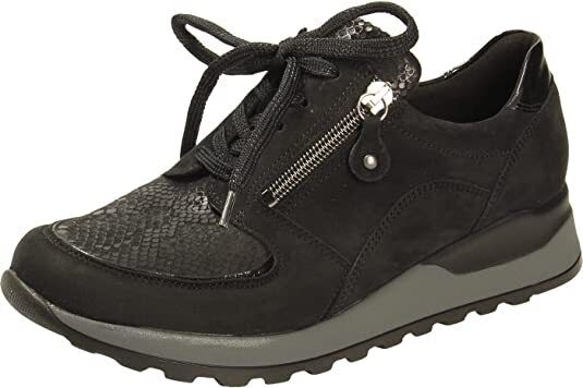 Waldlaufer Hiroko Wide Fit Trainers Black Nubuck With Snake Print Stretch Panel Lace Up & Adjustable Fastening