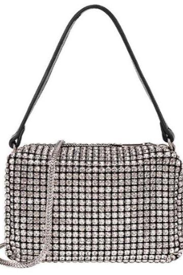 Long & Son Ladies Silver Designer Rhinestone Crossbody Detachable Chain Bag