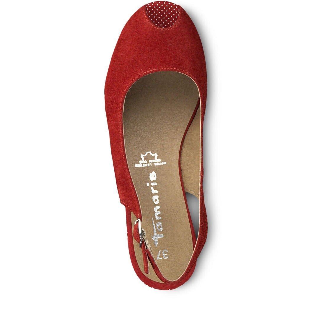 Tamaris 29303 Ladies Red Suede & White Polka Dots 40's Inspired Espadrille Peep Toe Wedge Sandal