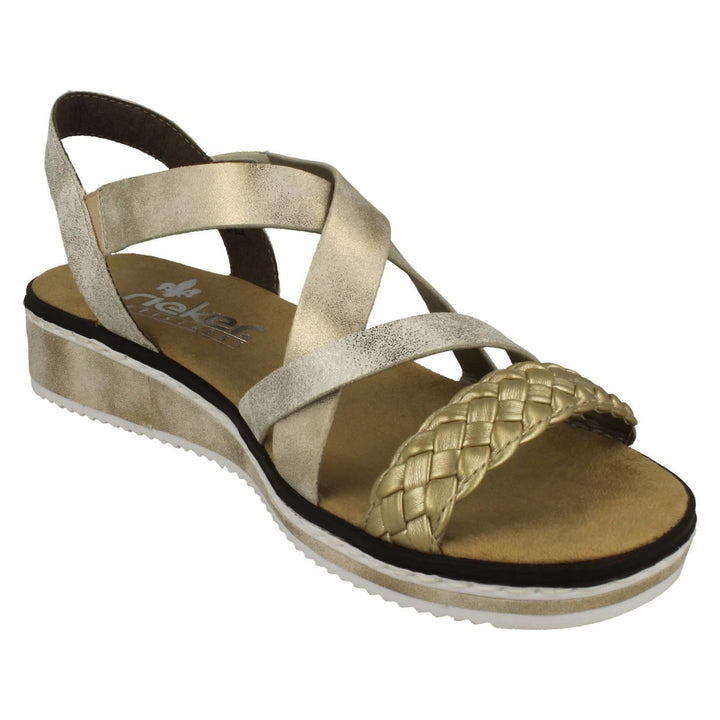 Rieker V3663 Ladies Wide Fit Gold Faux Leather Crossover Straps Single Touch Fasten Wedge Sandals