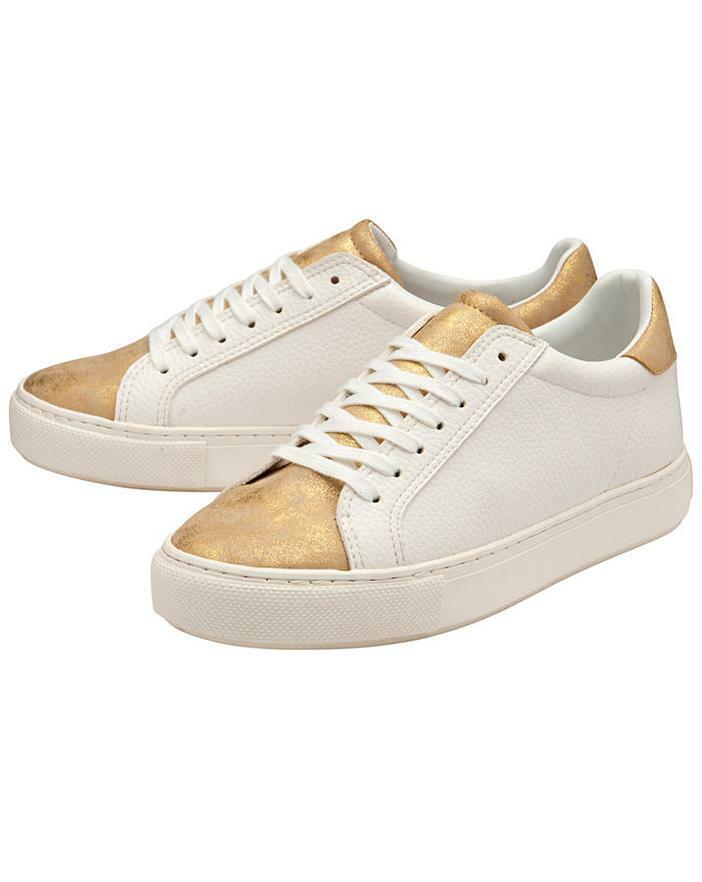 Ravel Pearl Ladies White/Gold Leather Comfort Lace Up Fashion Athleisure Trainers